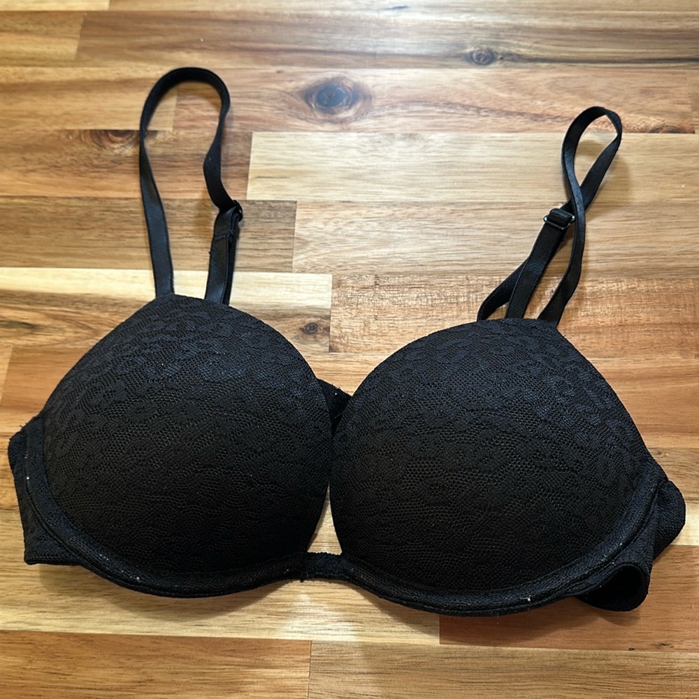 Pink Victoria’s Secret wear everywhere super push-up bra black animal print lace